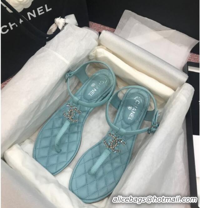 Best Quality Chanel Calfskin Heel Thong Sandals with Chain Charm 408114 Blue 2021