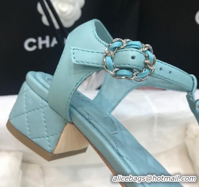 Best Quality Chanel Calfskin Heel Thong Sandals with Chain Charm 408114 Blue 2021