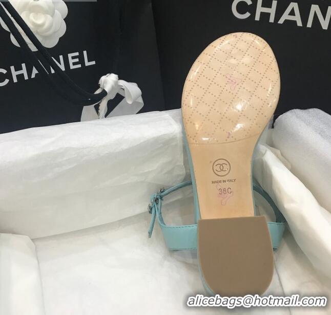 Best Quality Chanel Calfskin Heel Thong Sandals with Chain Charm 408114 Blue 2021