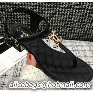 Cute Chanel Calfskin Heel Thong Sandals with Chain Charm 408114 Black 2021