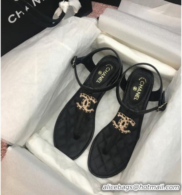 Cute Chanel Calfskin Heel Thong Sandals with Chain Charm 408114 Black 2021