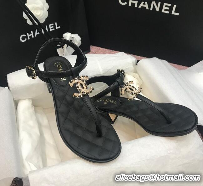 Cute Chanel Calfskin Heel Thong Sandals with Chain Charm 408114 Black 2021