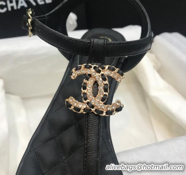 Cute Chanel Calfskin Heel Thong Sandals with Chain Charm 408114 Black 2021