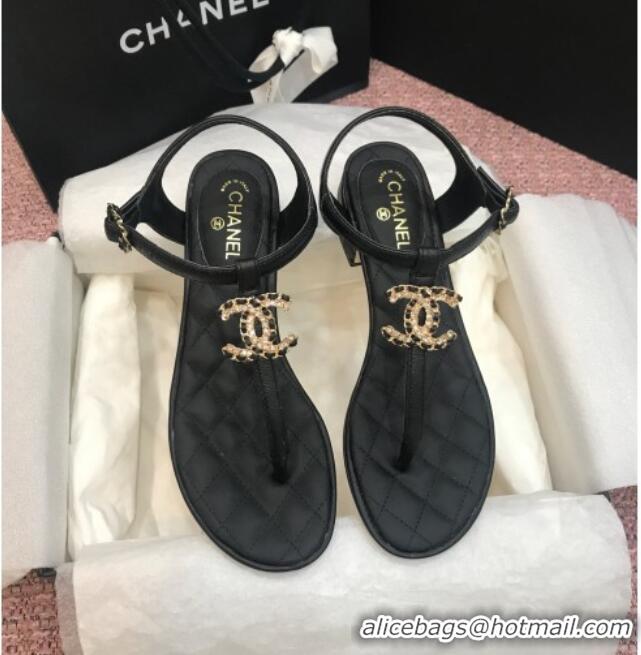 Cute Chanel Calfskin Heel Thong Sandals with Chain Charm 408114 Black 2021