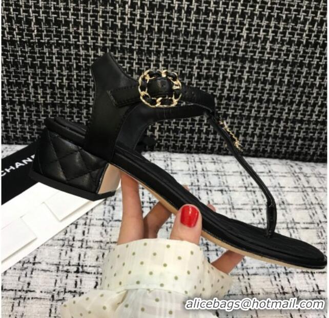 Cute Chanel Calfskin Heel Thong Sandals with Chain Charm 408114 Black 2021