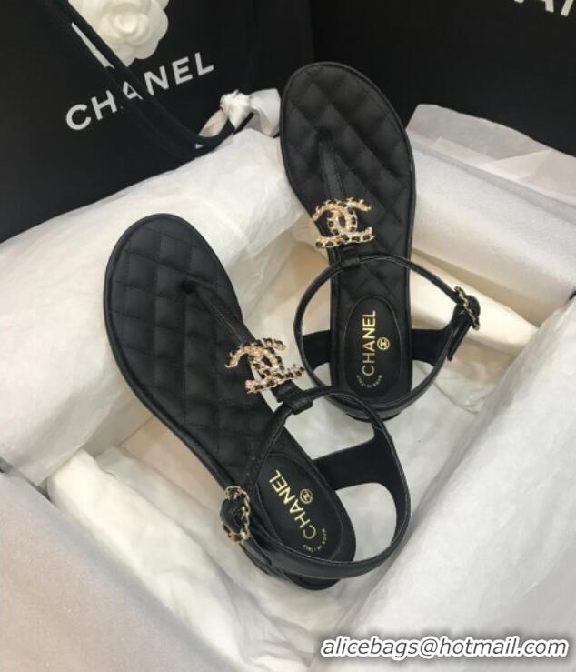 Cute Chanel Calfskin Heel Thong Sandals with Chain Charm 408114 Black 2021