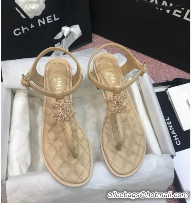 Good Quality Chanel Calfskin Heel Thong Sandals with Chain Charm 408114 Beige 2021