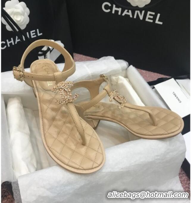 Good Quality Chanel Calfskin Heel Thong Sandals with Chain Charm 408114 Beige 2021