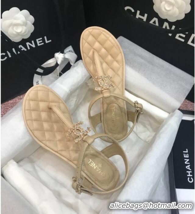 Good Quality Chanel Calfskin Heel Thong Sandals with Chain Charm 408114 Beige 2021