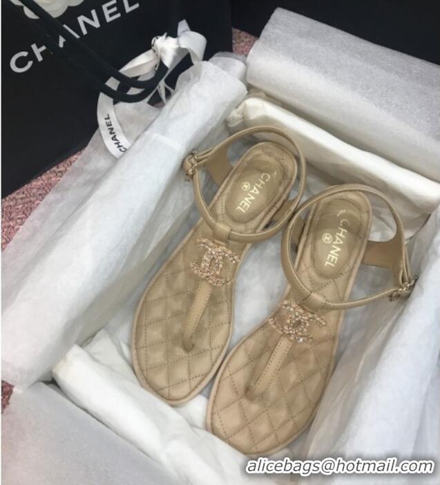 Good Quality Chanel Calfskin Heel Thong Sandals with Chain Charm 408114 Beige 2021