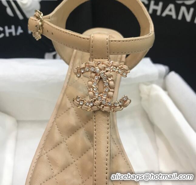 Good Quality Chanel Calfskin Heel Thong Sandals with Chain Charm 408114 Beige 2021