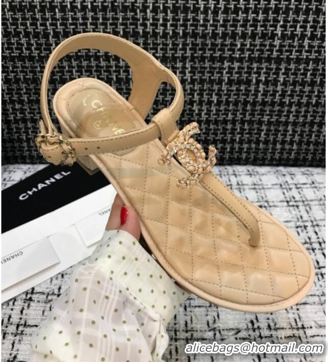 Good Quality Chanel Calfskin Heel Thong Sandals with Chain Charm 408114 Beige 2021