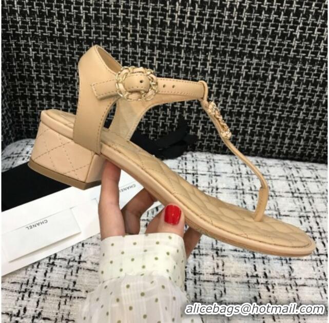 Good Quality Chanel Calfskin Heel Thong Sandals with Chain Charm 408114 Beige 2021