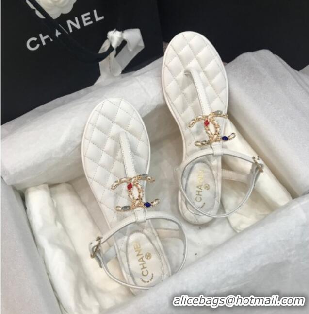 Popular Chanel Lambskin Flat Thong Sandals with Stone CC 408118 White 2021