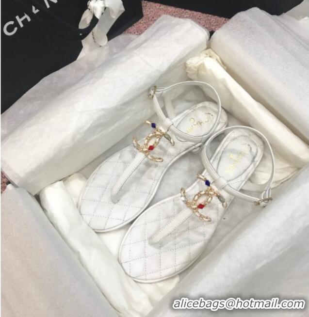 Popular Chanel Lambskin Flat Thong Sandals with Stone CC 408118 White 2021