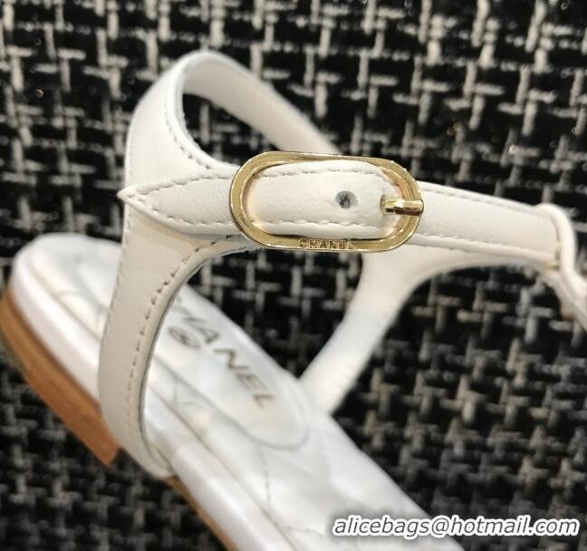 Popular Chanel Lambskin Flat Thong Sandals with Stone CC 408118 White 2021