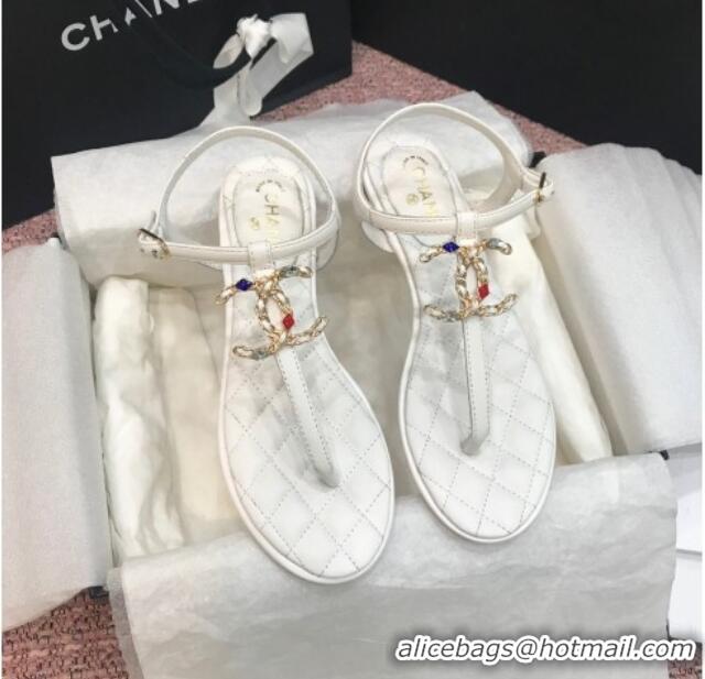 Popular Chanel Lambskin Flat Thong Sandals with Stone CC 408118 White 2021