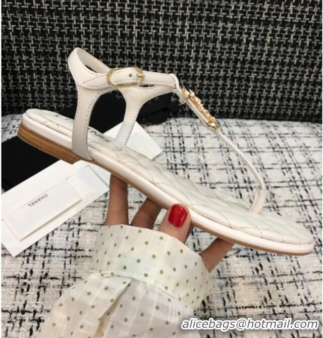 Popular Chanel Lambskin Flat Thong Sandals with Stone CC 408118 White 2021