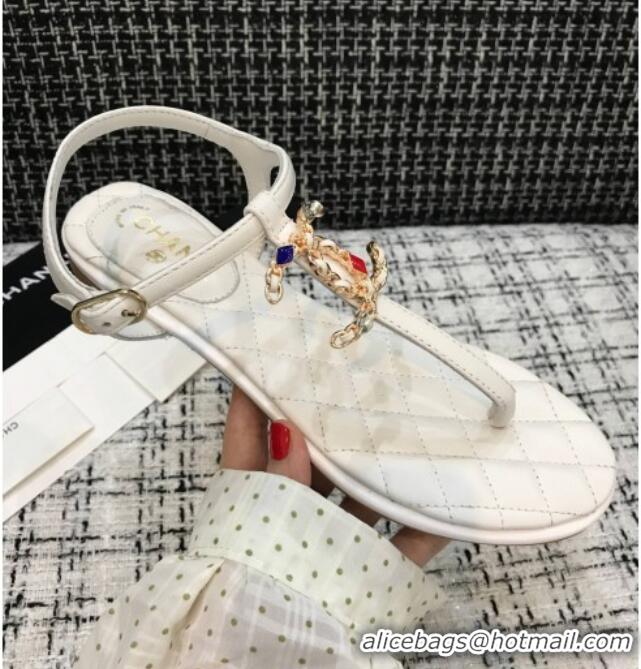 Popular Chanel Lambskin Flat Thong Sandals with Stone CC 408118 White 2021