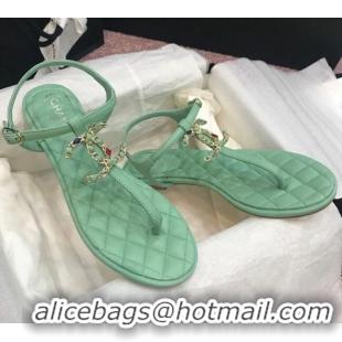 New Style Chanel Lambskin Flat Thong Sandals with Stone CC 408118 Green 2021