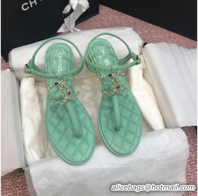 New Style Chanel Lambskin Flat Thong Sandals with Stone CC 408118 Green 2021