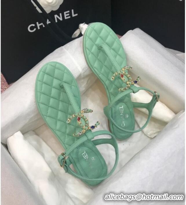 New Style Chanel Lambskin Flat Thong Sandals with Stone CC 408118 Green 2021