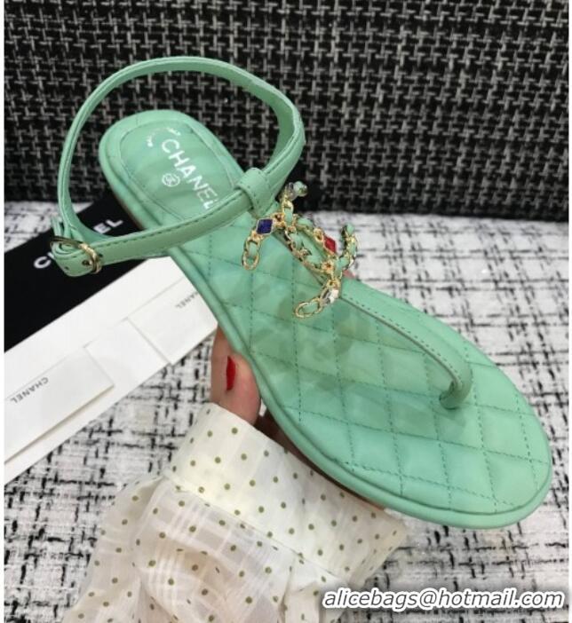 New Style Chanel Lambskin Flat Thong Sandals with Stone CC 408118 Green 2021