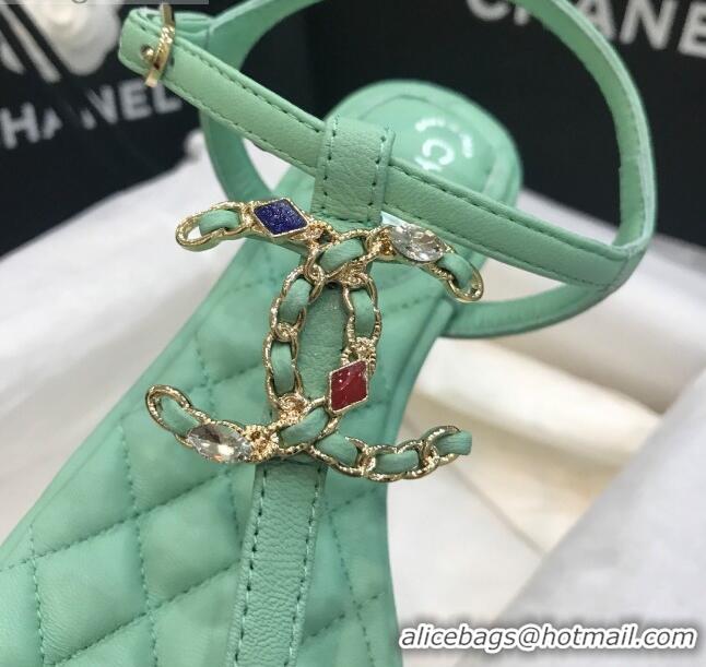 New Style Chanel Lambskin Flat Thong Sandals with Stone CC 408118 Green 2021