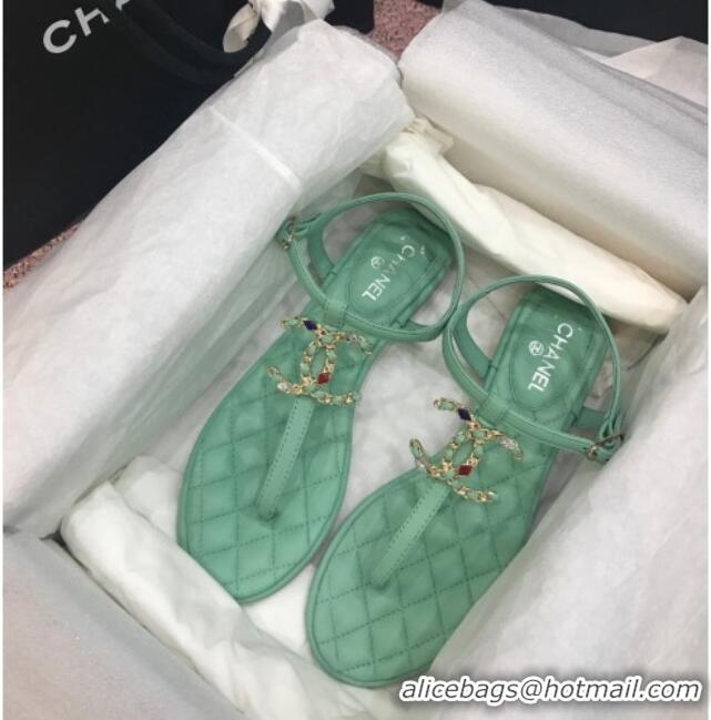 New Style Chanel Lambskin Flat Thong Sandals with Stone CC 408118 Green 2021