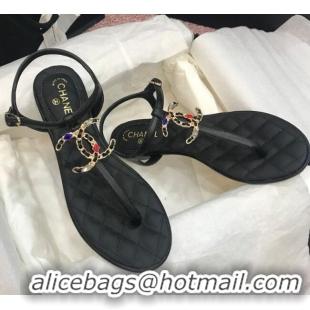 Low Price Chanel Lambskin Flat Thong Sandals with Stone CC 408118 Black 2021