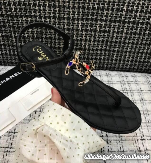 Low Price Chanel Lambskin Flat Thong Sandals with Stone CC 408118 Black 2021