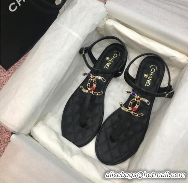 Low Price Chanel Lambskin Flat Thong Sandals with Stone CC 408118 Black 2021