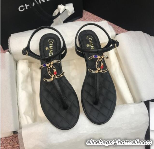 Low Price Chanel Lambskin Flat Thong Sandals with Stone CC 408118 Black 2021