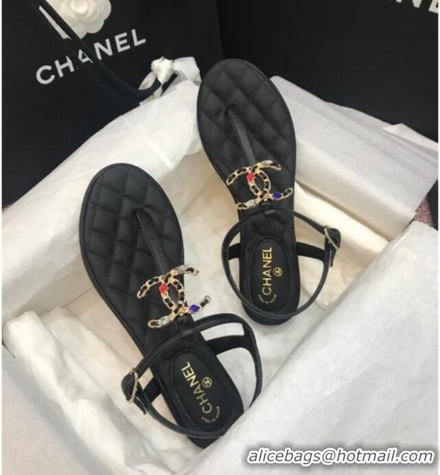 Low Price Chanel Lambskin Flat Thong Sandals with Stone CC 408118 Black 2021