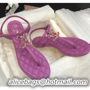 Best Product Chanel Lambskin Flat Thong Sandals with Stone CC 408118 Purple 2021