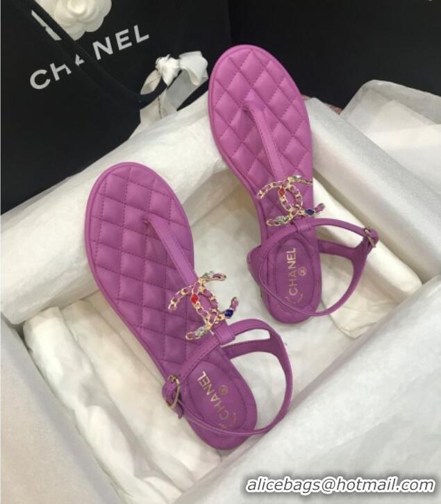 Best Product Chanel Lambskin Flat Thong Sandals with Stone CC 408118 Purple 2021