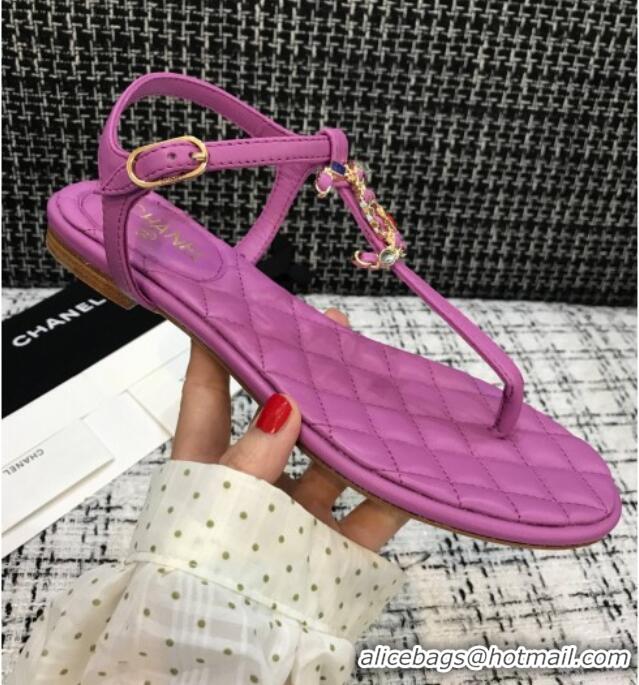 Best Product Chanel Lambskin Flat Thong Sandals with Stone CC 408118 Purple 2021