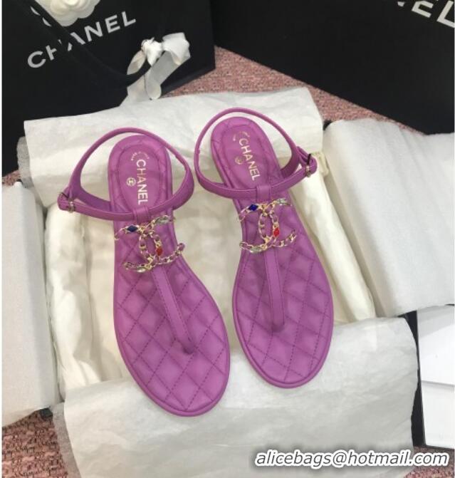 Best Product Chanel Lambskin Flat Thong Sandals with Stone CC 408118 Purple 2021