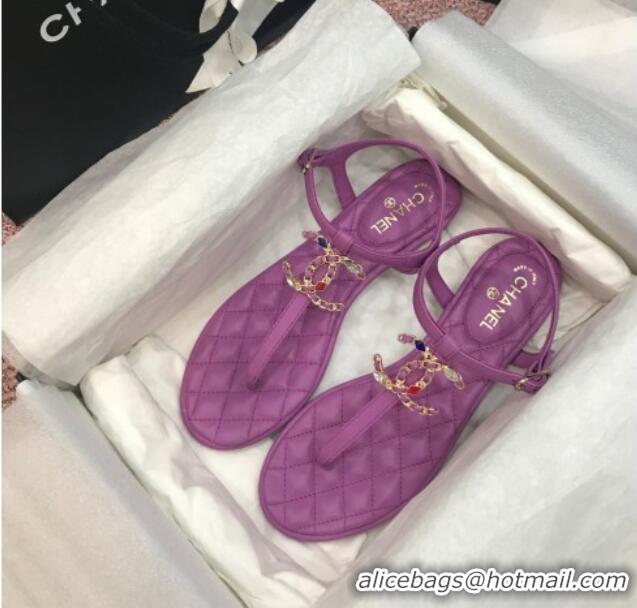 Best Product Chanel Lambskin Flat Thong Sandals with Stone CC 408118 Purple 2021