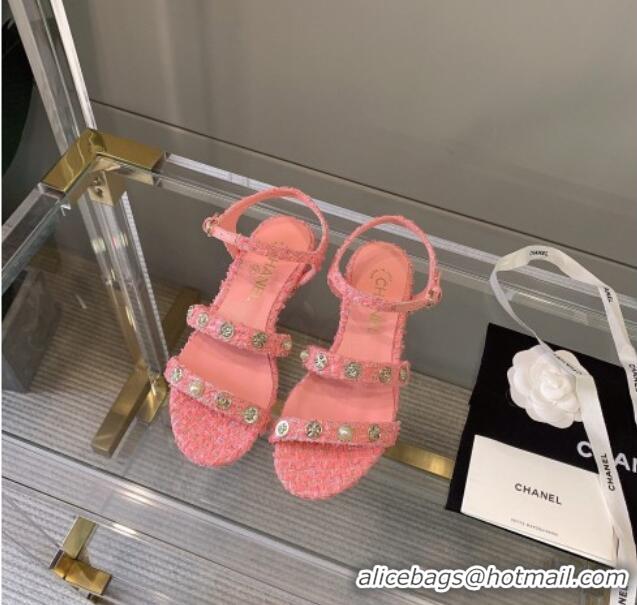 Luxurious Chanel Tweed Flat Sandals G37212 Pink 2021