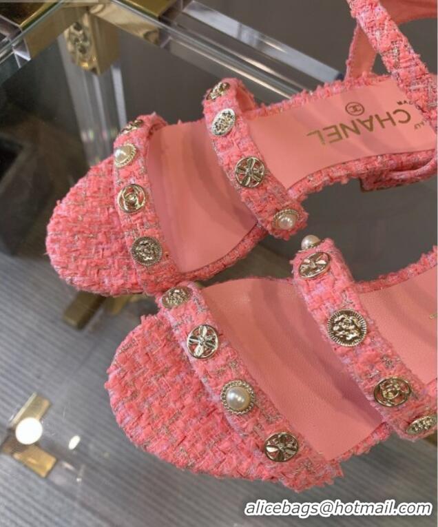 Luxurious Chanel Tweed Flat Sandals G37212 Pink 2021