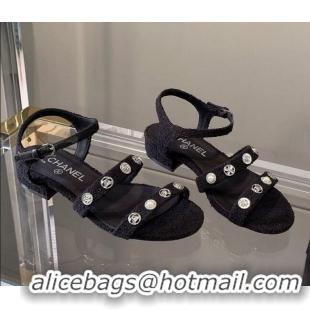 Low Price Chanel Tweed Flat Sandals G37212 Black 2021