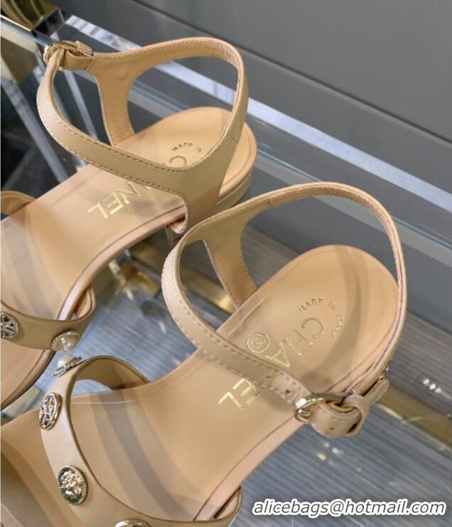 Most Popular Chanel Calfskin Flat Sandals G37212 Beige 2021