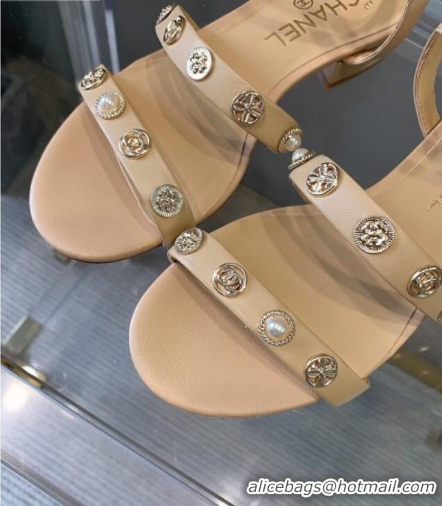 Most Popular Chanel Calfskin Flat Sandals G37212 Beige 2021