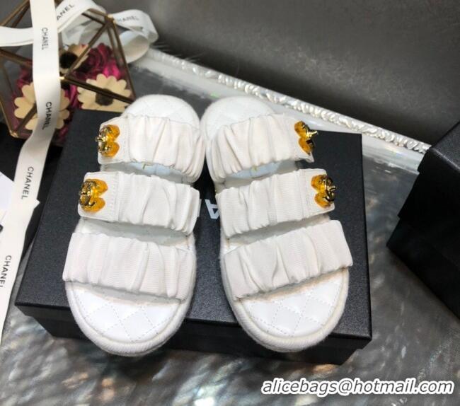 Luxury Chanel Pleated Fabric Strap Buckle Flat Sandals 040920 White 2021