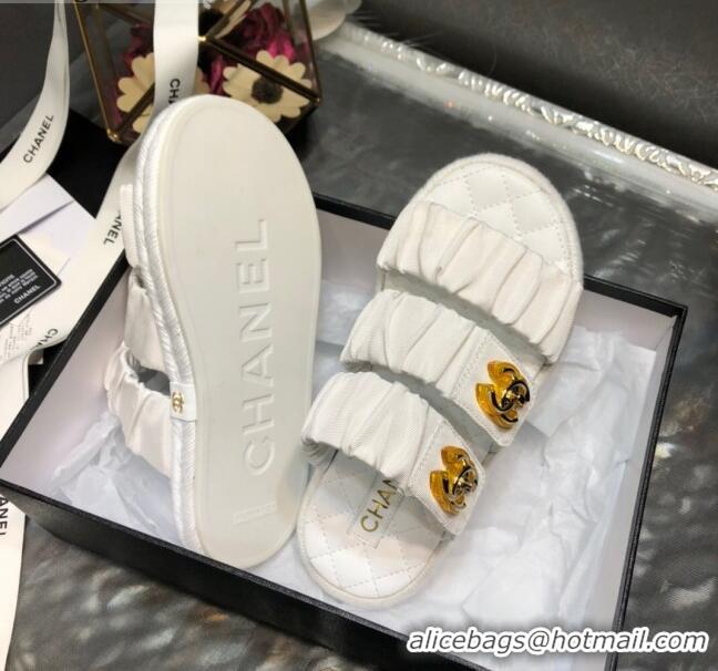 Luxury Chanel Pleated Fabric Strap Buckle Flat Sandals 040920 White 2021