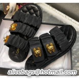 Good Product Chanel Pleated Fabric Strap Buckle Flat Sandals 040920 Black 2021