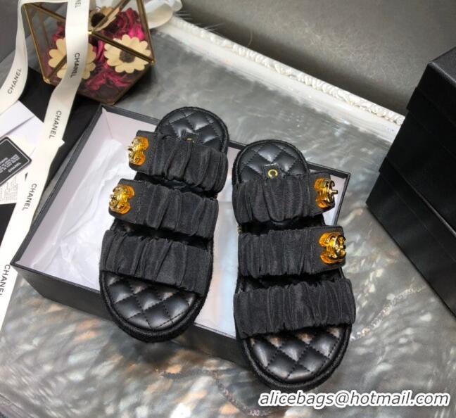 Good Product Chanel Pleated Fabric Strap Buckle Flat Sandals 040920 Black 2021