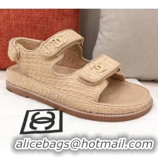 AAAAA Chanel Braided Fabric Strap Flat Sandals G35927 Beige 2021