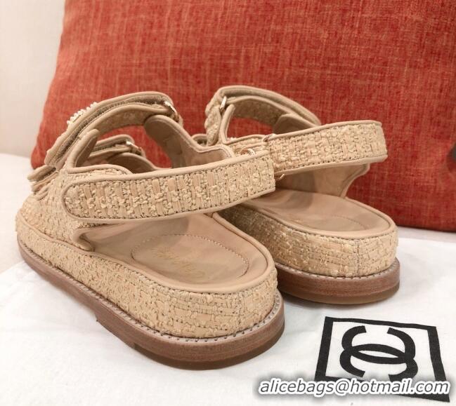 AAAAA Chanel Braided Fabric Strap Flat Sandals G35927 Beige 2021